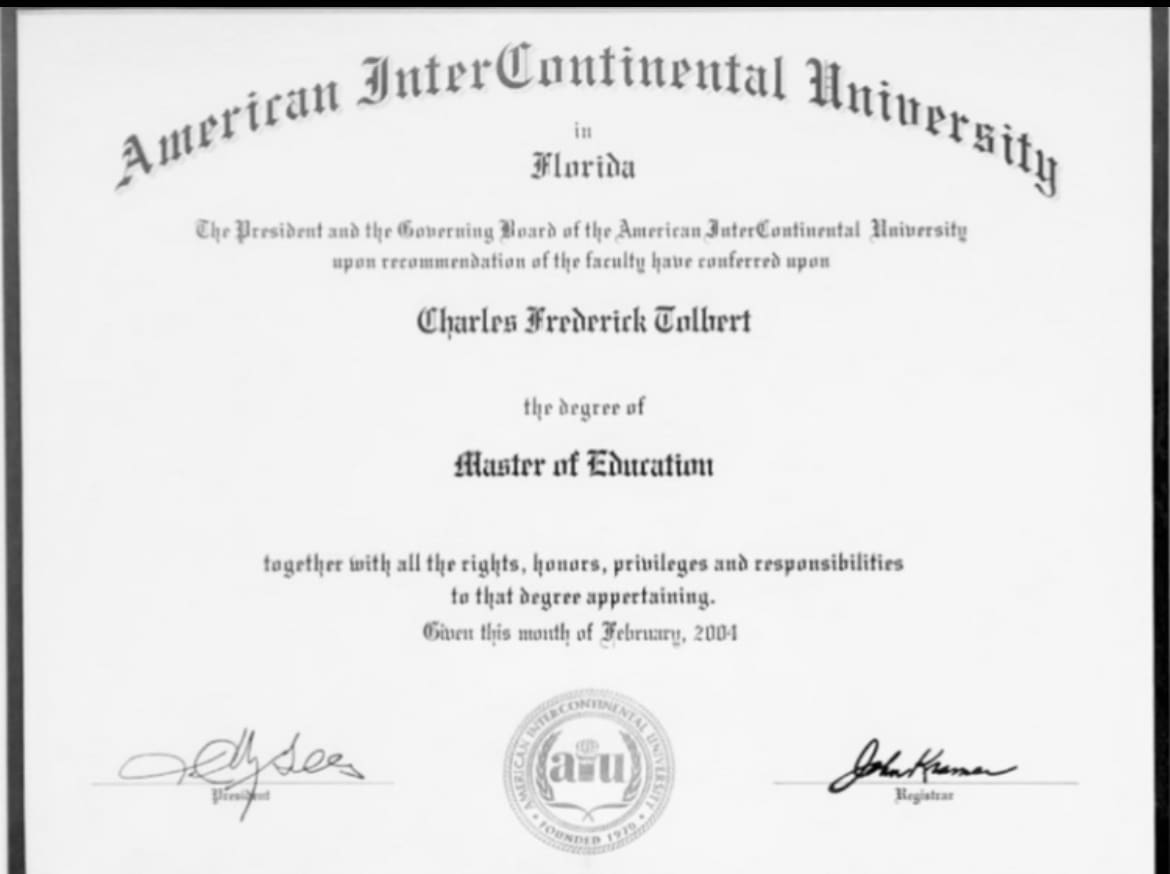 A picture of an american intercontinental university diploma.