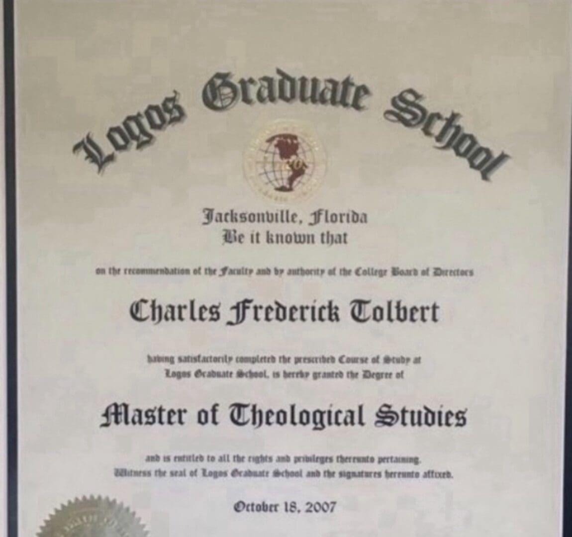 A picture of the college 's graduation certificate.