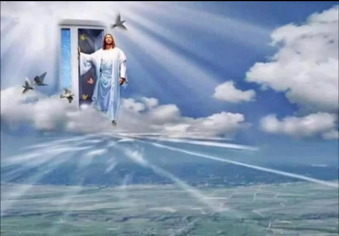 A picture of jesus flying in the sky.