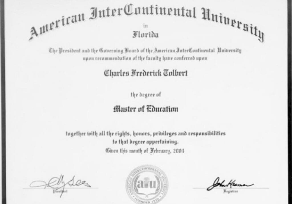 A picture of an american intercontinental university diploma.